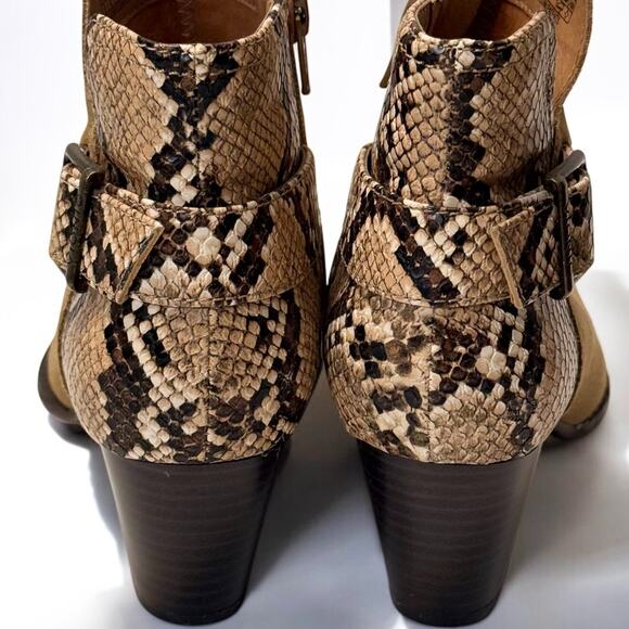 Vionic Naomi Brown Suede Ankle Boots Sz 6 Snake Print Block Heel Zip Up Orthotic - Picture 2 of 11